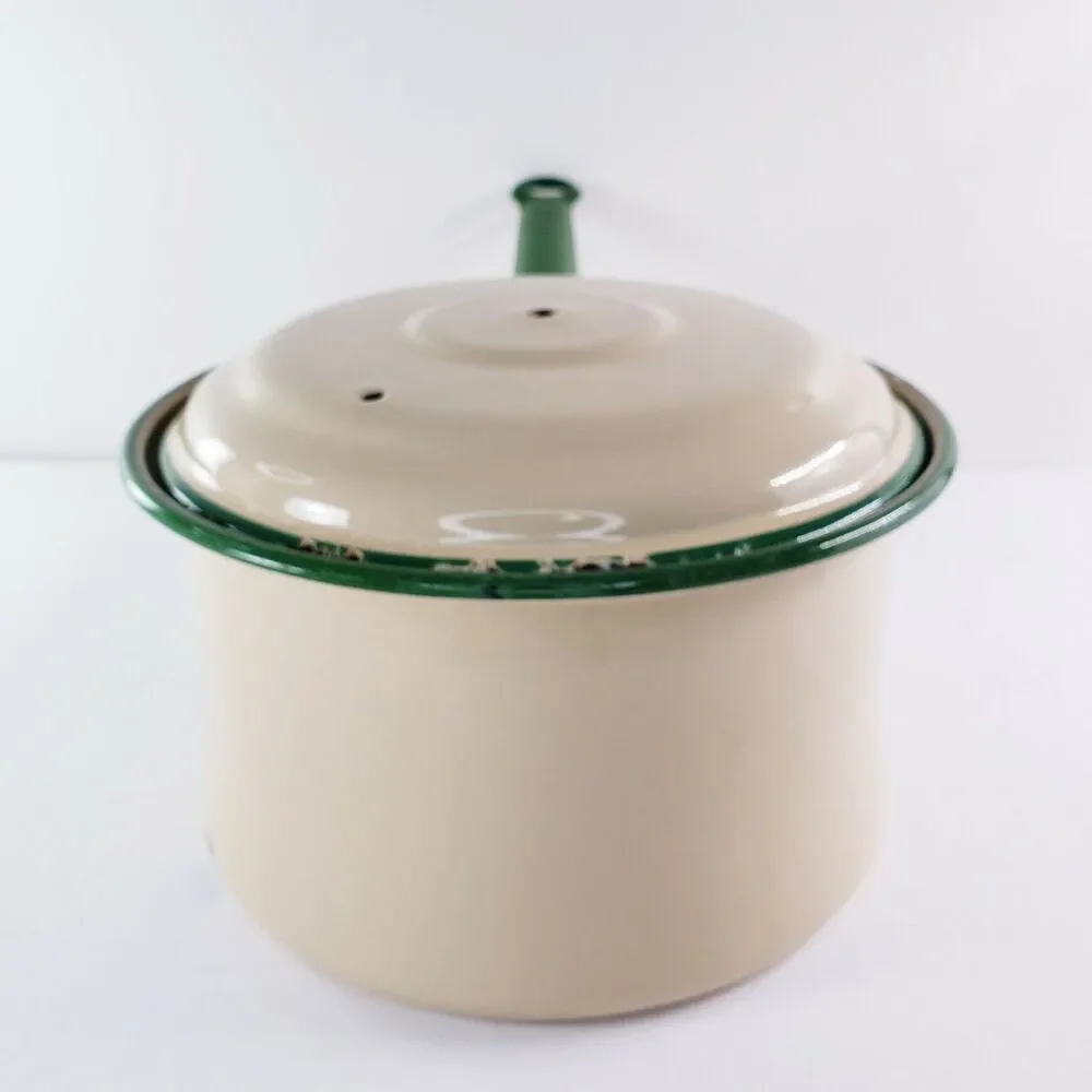 Vtg Cream & Green Enamel Sauce Pan Stock Pot w/ Lid Primitive Camping Rustic